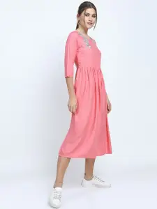 Vishudh Pink Floral Embroidered Ethnic Midi Dress