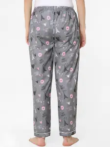 NOIRA Women Grey & Pink Printed Mid-Rise Cotton Lounge Pants