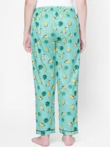 NOIRA Women Green & Pink Printed Mid-Rise Cotton Lounge Pants
