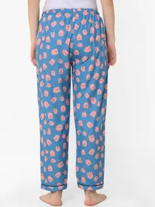 NOIRA Women Blue Owl Printed Cotton Lounge Pants