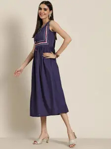 Shae by SASSAFRAS Navy Blue Tie-Up Neck Ethnic A-Line Midi Dress