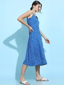Tokyo Talkies Women Blue & White Floral Shoulder Strap Fit & Flare Dress