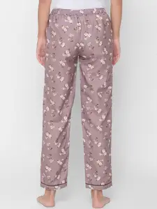 NOIRA Women Brown & White Floral Printed Mid-Rise Cotton Lounge Pants