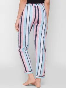 NOIRA Women Blue & Pink Striped Mid-Rise Cotton Lounge Pants