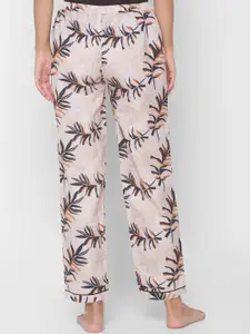 NOIRA Women Beige Tropical Printed Cotton Lounge Pants