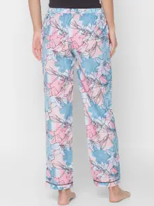 NOIRA Women Blue & Pink Abstract Printed Cotton Lounge Pants