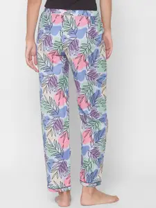 NOIRA Women Blue & Green Tropical Printed Cotton Lounge Pants