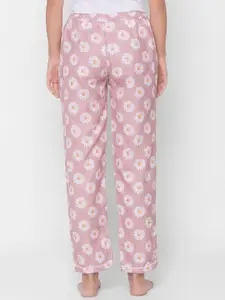 NOIRA Women Pink & White Floral Printed Mid-Rise Cotton Lounge Pants