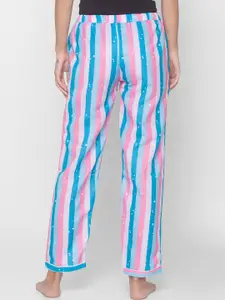 NOIRA Women Blue & Pink Striped Cotton Lounge Pant
