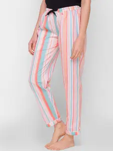 NOIRA Women Pink & Blue Printed Mid-Rise Cotton Lounge Pants