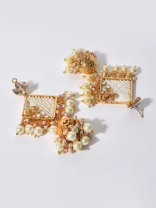SOHI Gold-Plated & White Geometric Jhumkas Earrings