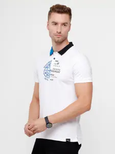 WROGN Men White Typography Printed Polo Collar Slim Fit Cotton T-shirt