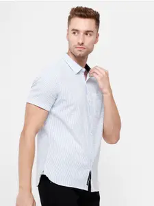 WROGN Men Blue Striped Slim Fit Cotton Casual Shirt