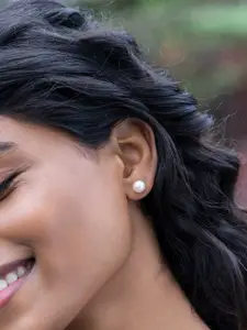 SHAYA Silver-Toned Contemporary Pearl Studs Earrings