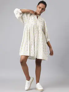 Fabindia Pink & White Ethnic Motifs Tie-Up Neck A-Line Dress
