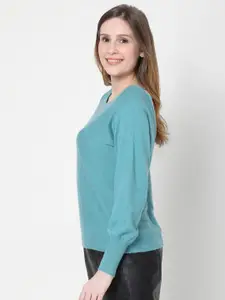 Vero Moda Women Turquoise Blue Solid Cuffed Sleeves Pullover