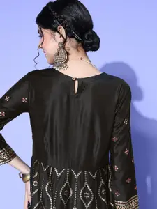 Indo Era Black & Golden Ethnic Motifs Print Maxi Dress