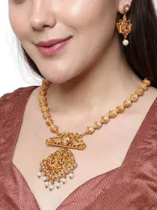 ANIKAS CREATION Gold Plated & White Maa Laxmi Stone Studded Necklace With Earrrings