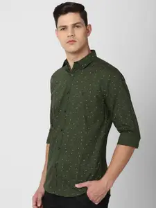 V Dot Men Olive Green Slim Fit Printed Pure Cotton Casual Shirt