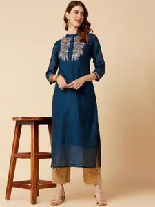 Varanga Women Teal Blue Yoke Design Thread Work Silk Kurta