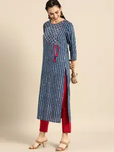 Varanga Women Navy Blue Striped Thread Work Pure Cotton Indigo Kurta