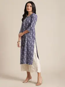 Varanga Women Blue Ethnic Motifs Printed Thread Work Kurta