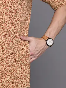 Indo Era Men Beige & Maroon Ethnic Motifs Printed Pure Cotton Kurta