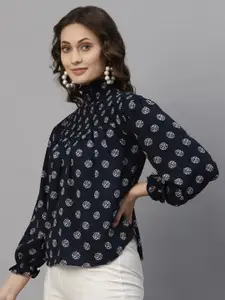 Style Quotient Navy Blue Smocked Crepe High Neck Top