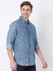 Mufti Men Blue Slim Fit Printed Denim Casual Shirt