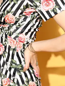 SASSAFRAS Women Stylish Black Striped Ring Affair Dress