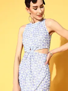 SASSAFRAS Women Stunning Blue Floral Cut-Out Dress