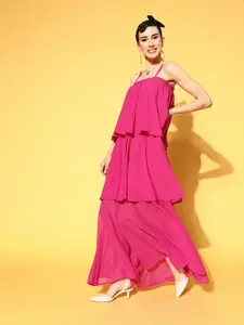 SASSAFRAS Women Alluring Magenta Solid Nuovo Sleeves Dress