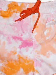 KiddoPanti Girls Pink & Orange Tie & Dye Printed Shorts