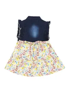 MeeMee Girls Navy Blue & Yellow Floral Printed Cotton Fit & Flare Dress