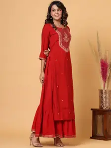KAAJH Women Women Red Muslin Silk Embroidered Kurta