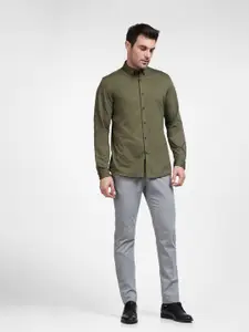 SELECTED Men Olive Green Slim Fit Textured Organic Cotton Casual Shirt