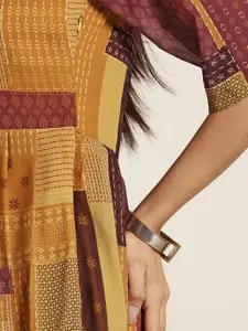 Sangria Mustard Yellow & Burgundy Georgette A-Line Dress