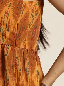 Sangria Mustard Yellow & Green Ethnic Motifs Georgette A-Line Midi Dress