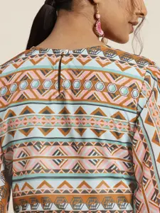 Sangria Sea Green & Peach-Coloured Tribal Georgette Ethnic A-Line Dress