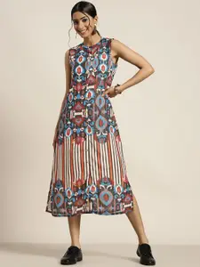Sangria White & Blue Ethnic Motifs Georgette Ethnic A-Line Midi Dress