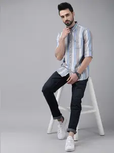 THE BEAR HOUSE Men Grey & Blue Pure Cotton Slim Fit Striped Casual Shirt