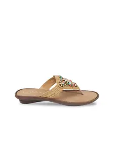 Catwalk Women Beige Embellished Leather Ethnic Open Toe Flats