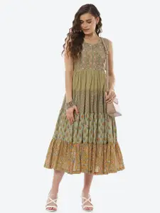 Biba Women Green Ethnic Motifs Midi Dress