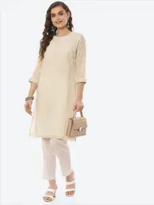 Biba Women Beige Ethnic Motifs Embroidered Mirror Work Floral Kurta