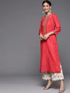 Varanga Women Red Bandhani Printed Embroidered Kurta