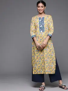 Varanga Women Mustard Yellow & Blue Ethnic Motifs Printed Pure Cotton Kurta