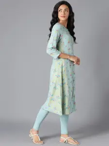 W Women Blue Floral Printed Keyhole Neck Extended Sleeves Kurta