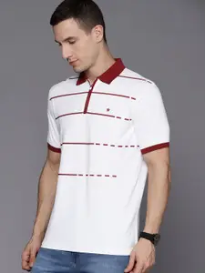 Louis Philippe Men White & Maroon Striped Polo Collar T-shirt