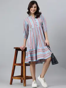 Janasya Women Blue Cotton Blend Striped Flared Dress