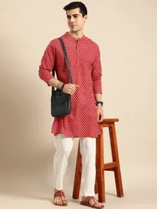 Anouk Men Red & White Printed Pure Cotton Kurta with Pyjamas
